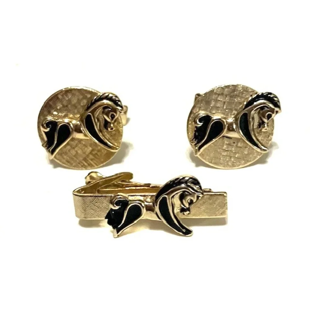 Vintage Cathe Men's Horse Cufflinks and Tie Bar Clasp